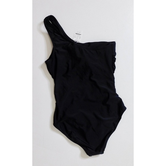 NWT!! J. CREW Factory One Shoulder Ruched Swimsuit One-Piece Solid Black Medium - Picture 8 of 16